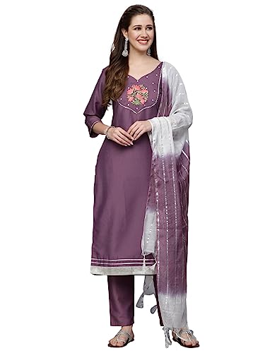 Stylum Women'S Embroidered Chinnon Straight Kurta Pant Dupatta Set (Kpdmauvemaya42_Mauve, Xl)