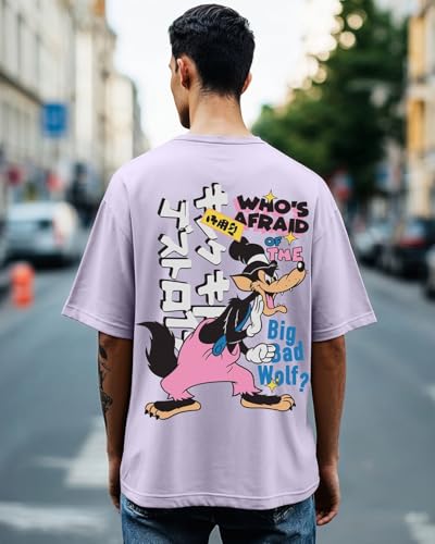 Bewakoof Official Disney Merchandise Mens Graphic Printed Oversized Half Sleeve Round Neck Cotton Jersey T-Shirt_624580_Purple_