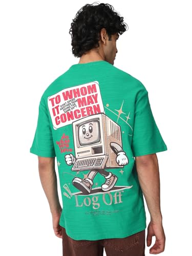 Bewakoof Air 1.0 Mens Graphic Printed Oversized Fit Half Sleeve Round Neck Cotton Jersey T-Shirt_661989_Green_S
