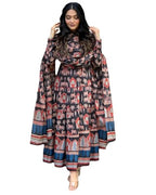 Toochki Women'S Black Cotton Anarkali Printed Kurta With Palazzo & Dupatta Set