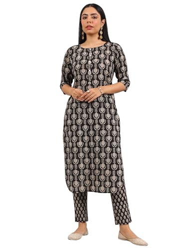 Libas WomenS Cotton Ethnic Motifs Kurta Set (400477_Black_M)