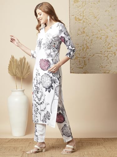 ANNI DESIGNER Womens Rayon Blend Straight Printed Kurta with Pant (Satyapra White_XL_White_X-Large)