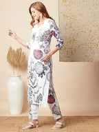ANNI DESIGNER Womens Rayon Blend Straight Printed Kurta with Pant (Satyapra White_XL_White_X-Large)