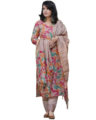 ANNI DESIGNER Womens Cotton Blend Straight Printed Kurta with Pant & Dupatta (Candy Beige_M_Beige_Medium)