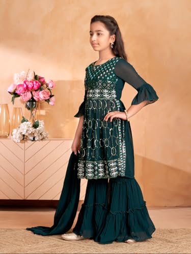 Aarika Girls Ethnic Wear Dark Green Colour Sequin Thread Embroidery Kurti Sharara Set With Dupatta-(5-11 Years)-(SH-MC-1644-D-GR