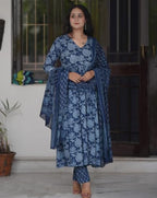 ANNI DESIGNER Womens Rayon Blend Anarkali Printed Kurta with Pant & Dupatta (Tithi Blue_XL_Blue_X-Large)