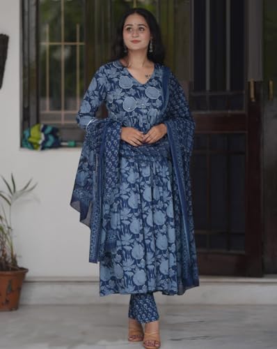 ANNI DESIGNER Womens Rayon Blend Anarkali Printed Kurta with Pant & Dupatta (Tithi Blue_XL_Blue_X-Large)