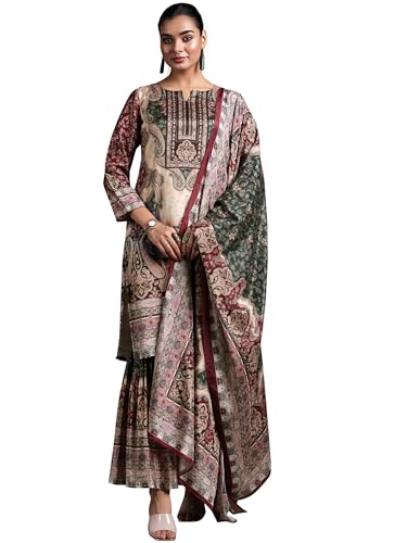 Libas Womens Printed Silk Blend Straight Kurta With Sharara And Dupatta