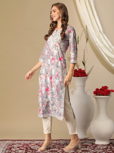 ANNI DESIGNER Womens Rayon Blend Chikankari Embroidered Straight Kurta (KISRUP-Multi-NW_M_Grey_Medium)