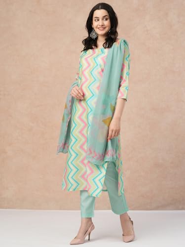 ANNI DESIGNER Womens Rayon Blend Straight Printed Kurta with Pant & Dupatta (Zaggu Pista_XL_Pista_X-Large)