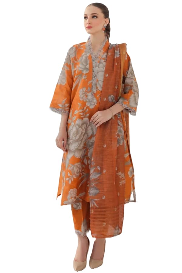 ANNI DESIGNER Womens Rayon Viscose Printed Straight Kurta with Pant & Dupatta (Zena Orange_S_Orange_Small)