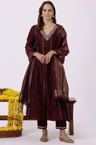 W Maroon A-Line Kurta, Straight Pant & Dupatta For Women