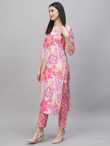 ANNI DESIGNER Womens Cotton Blend Straight Printed Kurta with Pant (Balu Pink_XL_Pink_X-Large)