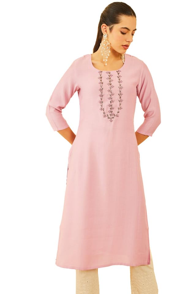 Soch Womens Pink Viscose Kurta With Beads And Stones