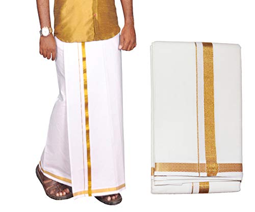 Prakasam Cotton Mens White Jari Cotton Dhoti And Angavastram Set (1.30X2.00 Meter Dhoti, 36X1.80 Towel)-(White-002)