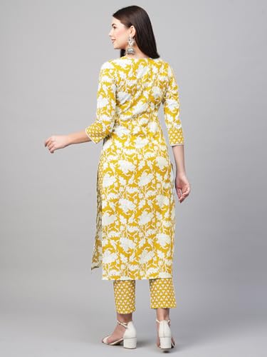 ANNI DESIGNER Womens Cotton Blend Printed Straight Kurta with Pant (Pustak Yellow_XL_Begani_X-Large)