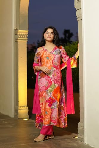ANNI DESIGNER Womens Cotton Blend Straight Printed Kurta with Pant & Dupatta (VILASA Pink_L_Pink_Large)