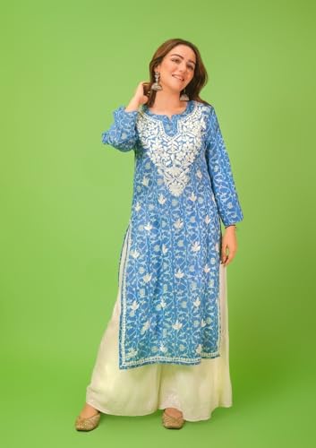 ANNI DESIGNER Womens Rayon Blend Straight Chikankari Embroidered Kurta (Nakusha Blue_XL_Blue_X-Large)