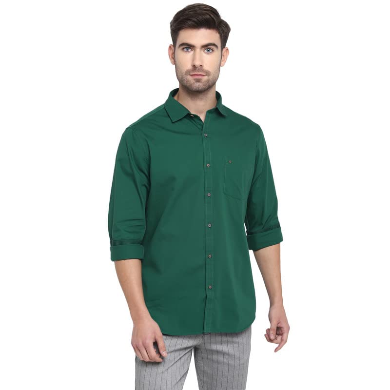 Turtle Men Dark Green Cotton Solid Slim Fit Casual Shirts