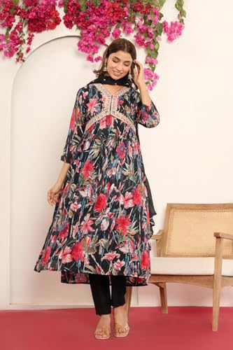 Varanga Women Black Floral Printed Embroidered V-Neck Alia Cut Kurta Paired With Tonal Dupatta