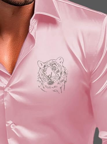Indoprimo MenS Satin Stylish Club Wear Tiger Diamond Print Shirt Full Sleeve Peach