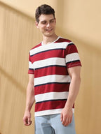 Dennis Lingo Men Cabernet Stripes Round Neck Half Sleeves Regular Fit T-Shirts