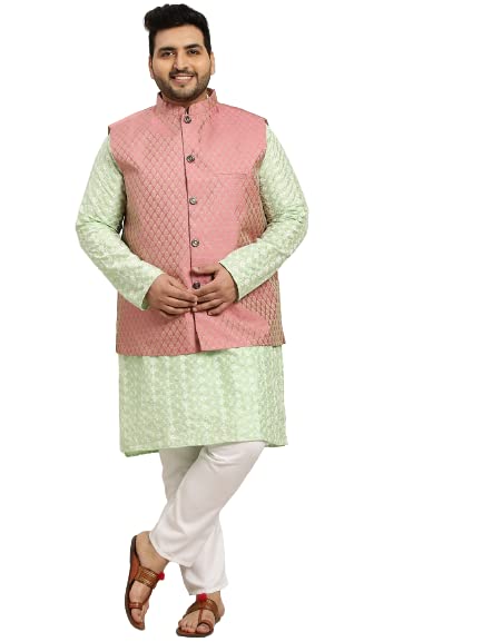 SOJANYA (Since 1958 Mens Silk Blend Sea Green Embroidered Kurta & Self Design Nehru Jacket with White Churidar Set Size-5XL