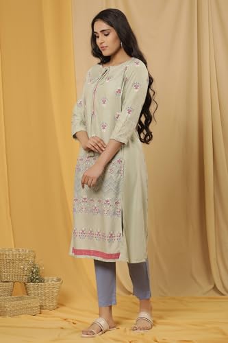 W For Woman W Women Green Floral Print Viscose A-Line Kurta Set With Slim Pant