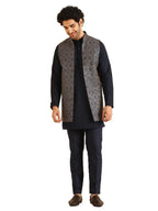 Kisah MenS Kurta Jacket Trouser Set, Navy Blue Cotton Blend, Embroidered Regular Fit Mandarin Collar Long Sleeves (40)