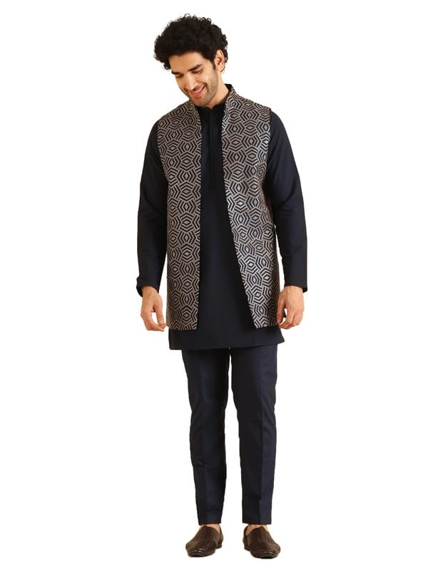 Kisah MenS Kurta Jacket Trouser Set, Navy Blue Cotton Blend, Embroidered Regular Fit Mandarin Collar Long Sleeves (40)