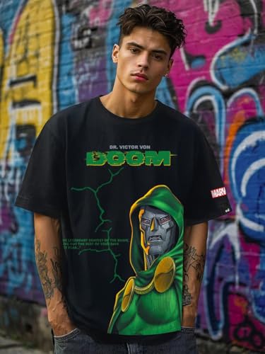 Bewakoof Official Marvel Merchandise Doom Mens Graphic Print Oversized Fit Half Sleeve Round Neck Cotton Jersey T-Shirt_648705_