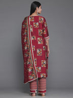 Libas Maroon Printed Silk Blend Straight Kurta With Palazzos & Dupatta