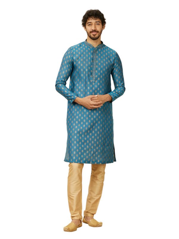 Manyavar Kurta Set for Men, Full Sleeves Mandarin Collar Ethnic Kurta Set for Engagement, Wedding & Party Art Silk Blue