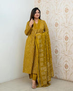 ANNI DESIGNER Womens Rayon Viscose Anarkali Printed Kurta with Pant & Dupatta (VANGALA Mehandi_L_Mehandi_Large)