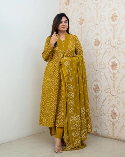 ANNI DESIGNER Womens Rayon Viscose Anarkali Printed Kurta with Pant & Dupatta (VANGALA Mehandi_L_Mehandi_Large)
