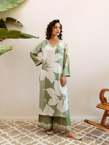 Ishin Floral Placement Printed Embellished Neck Kurta With Palazzo