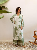 Ishin Floral Placement Printed Embellished Neck Kurta With Palazzo