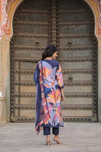 ANNI DESIGNER Womens Cotton Blend Straight Printed Kurta with Pant & Dupatta (KHISSU NAVY BLUE_S_Navy Blue_Small)