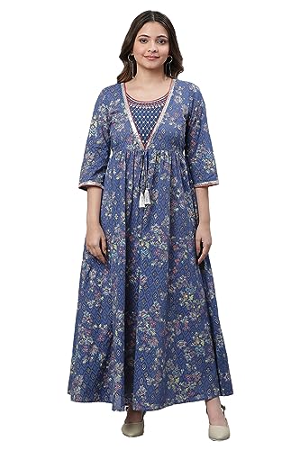 Aurelia Blue Floral Printed Printed Cotton Embroidered Regular Kurta