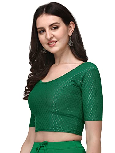 Shiv Textiles Round Neck Dobby Cotton Lycra Stretchable Elbow Sleeve Readymade Saree Blouse For Women Stylish (Greenpluse Size)