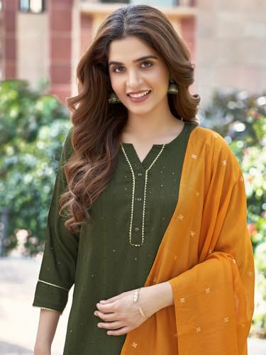 Sanisa Women'S Chinnon Sequence Work Straight Kurta With Pant And Jacquard Work Dupatta