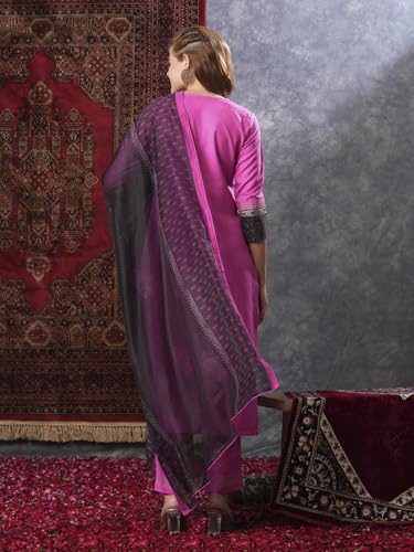 ANNI DESIGNER Womens Rayon Blend Straight Printed Kurta with Pant & Dupatta (Radhani Pink-VKS02_XL_Pink_X-Large)