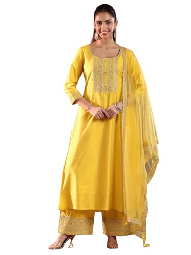 Libas Womens Woven Design Silk Blend A-Line Kurta With Palazzos And Dupatta