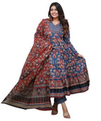 GRECIILOOKS WomenS Rayon Anarkali Printed V- Neck Kurta With Palazzo & Dupatta | Ethnic Set | Dupatta Set | Suit Set | Kurta An