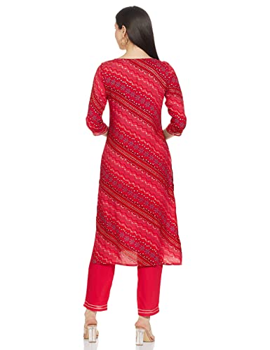 Anubhutee Women'S Rayon Pink Bandhani Embroidered Straight Kurta Suit Set With Pants