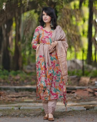 ANNI DESIGNER Womens Cotton Blend Straight Printed Kurta with Pant & Dupatta (Candy Beige_M_Beige_Medium)