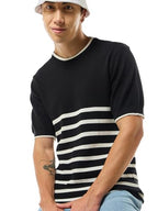 Bewakoof Mens Striped Regular Fit Half Sleeve Round Neck Cotton Flatknit T-Shirt_634377_Black_L