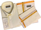 PRAKASAM COTTON mens Cotton wedding Set- Pure cotton Full sleeve Cream Shirt + A pure Cotton Flexi size Stitched Pocket Dhotie +