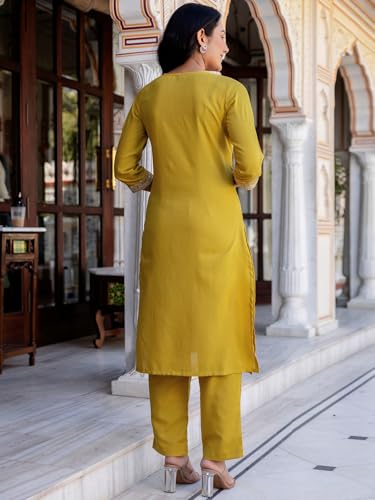 Sanisa Women'S Cotton Blend Embroidery And Sequins Work Straight Kurta With Pant And Dupatta Set