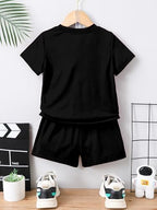 AVANOVA Boys Black 2pcs/Set Young Boy Loose Comfortable T-Shirt With Los Angeles Print And Shorts, Casual Cute Style Suitable F